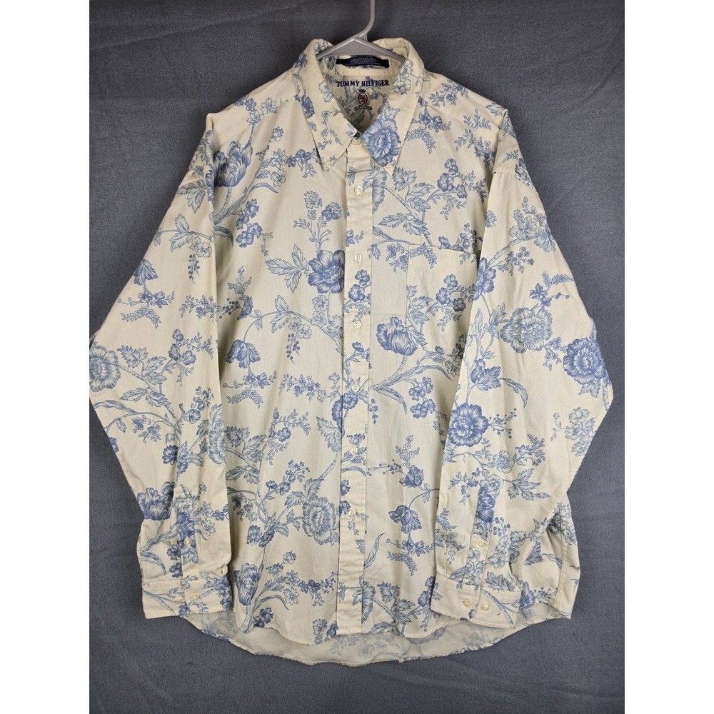 Tommy Hilfiger Shirt Mens L Blue Cream Floral Toile‎ Corduroy Button Down Preppy